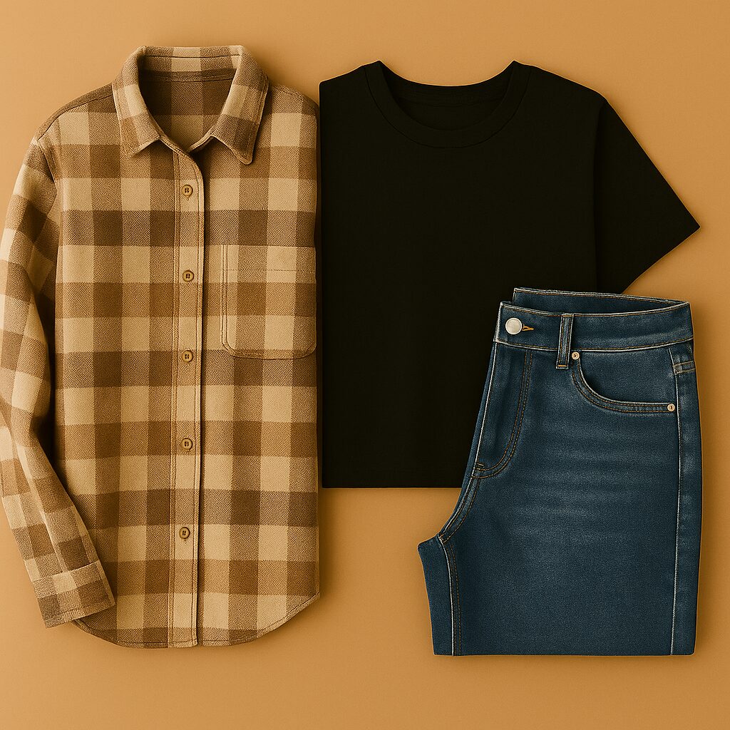 ベージュとブラウンのチェックシャツ、黒い半袖Tシャツ、デニムパンツを並べた秋コーデ。木目調の背景に置かれたナチュラルで温かみのあるフラットレイ写真。