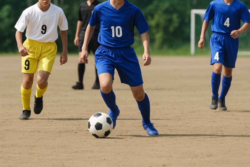 少年サッカーの試合でボールを追いながらプレーする子どもたち